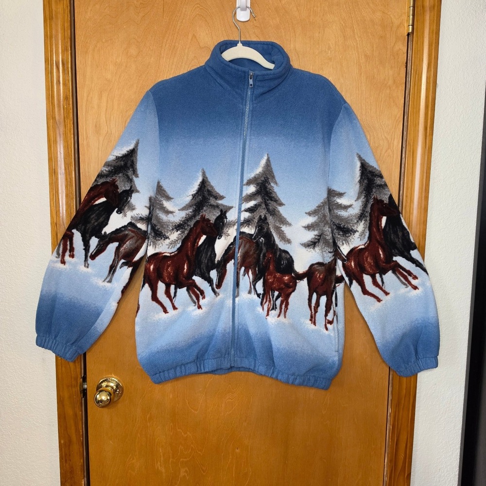 Vintage Blue Horse Fleece Jacket Full Zip Scenic Nature Wild Horses Medium
